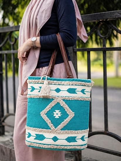 Jayden Handlooms Aztec Geometric Print Tote Bag for Women Aqua Blue