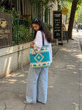Jayden Handlooms Aztec Geometric Print Tote Bag for Women Aqua Blue