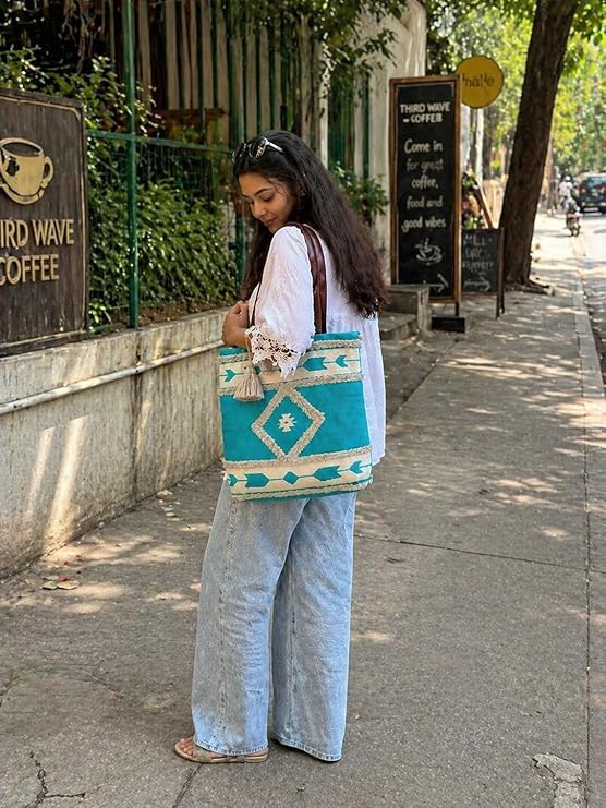 Jayden Handlooms Aztec Geometric Print Tote Bag for Women Aqua Blue