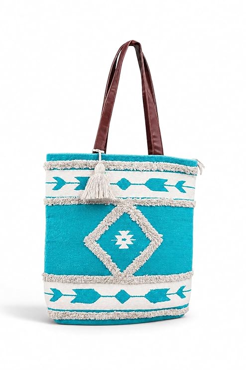Jayden Handlooms Aztec Geometric Print Tote Bag for Women Aqua Blue