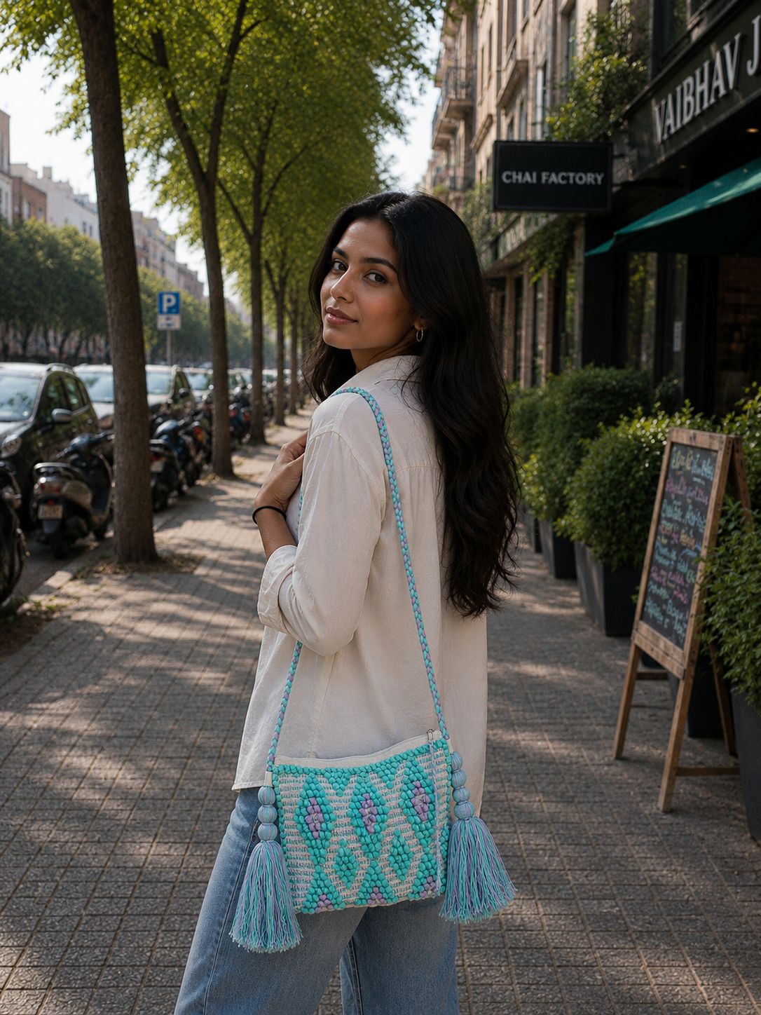 Women Cyan Zip Top Sling Bag